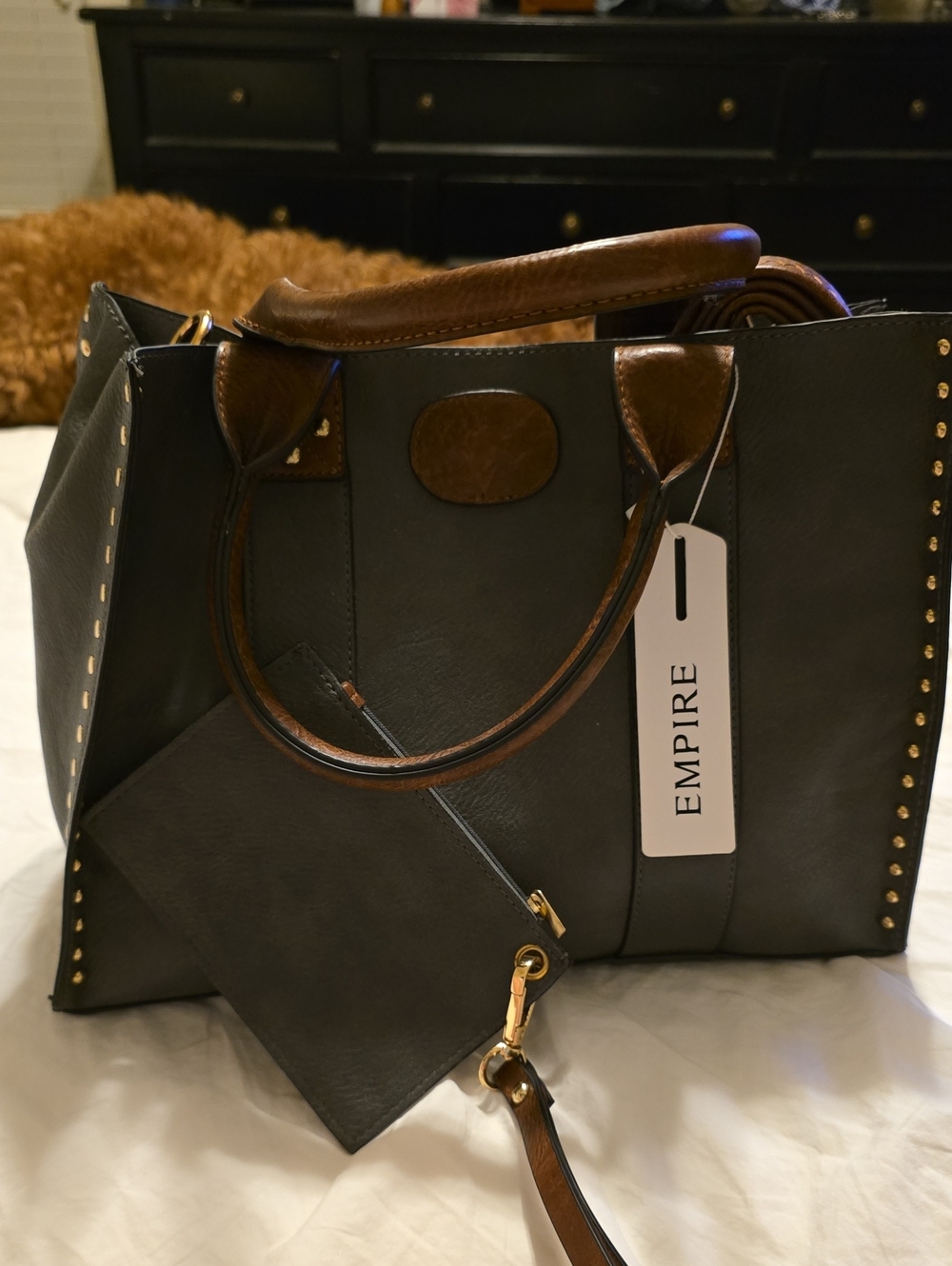 Empire Blackish/slate Blueish and Brown Leather Tote Bag with Pouch And Wristlet